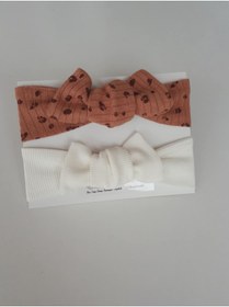 Resim swan butik Kız Bebek Çocuk Bandana Toka Seti 2'li Krem Kahve Desenli Ribana 