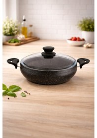Resim Granit Pro 28 Cm Basık Granit Güveç Tencere Siyah Bakalit Saplı Cam Kapaklı Yapışmaz 
