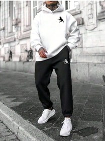 Resim At Baskılı Eşofman Takımı Sweatshirt Jogger - Üst Beyaz Alt Siyah Oversize Şardonlu Kapüşonlu Beyaz-siyah 