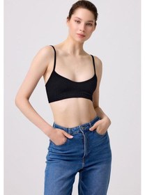 Resim Cottonhill Premium - Kadın Siyah Seamless İp Askılı Crop Top Büstiyer Siyah 