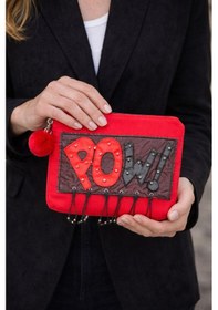 Resim Deri Pow Yazılı Püsküllü Aplikeli Ponponlu Portföy Clutch El Ve Makyaj Çantası 25x 28 Cm Renkli 