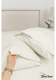 Resim Çizgili Saten 2'li Yastık Kılıfı Ekru 