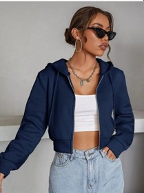 Resim Kadın Lacivert Crop Fitted Kapşonlu Zip Fermuarlı Polar Hırka Sweatshirt Koyu Lacivert 