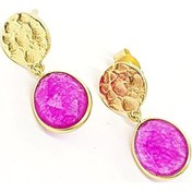 Resim Pembe Kuvars Taşı El Işi Gümüş Üzerine Altın Kaplama Küpe 