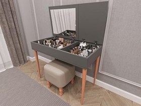 Resim MAM-01 Akıllı Aynalı Makyaj Masası – Bölmeli Saklama Alanlı, Açılır Kapaklı Ayna ve Masif Ahşap Ayaklı Modern Tuvalet Masası (MAM-01 KOYU GRI) 