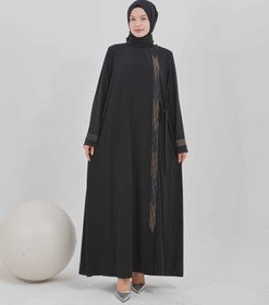 Resim Yandan Bağlamalı Taş İşlemeli Ferace Siyah | 21151 - 38 / Siyah 