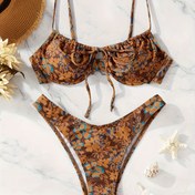 Resim MOXDO Kadın Çiçek Desenli Bikini Seti, Vintage Tarz Çizme Bağcıkları, Sütyenli Mayo, Yüksek Esnek Örgü Kumaş, Polyester %82 Elastan %18, 200gsm Hafif Plaj Giyimi 