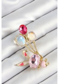 Resim Zirkon Taşlı Balonlu Pembe Tşan Figürlü Gold Renk Kadın Broş Tj-br451 Çok Renkli 