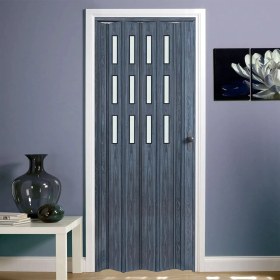 Resim Faran Dekorasyon 102 x 215 Antrasit Renk Camlı Pvc Akordiyon Katlanır Kapı - Frnakmodel-82 