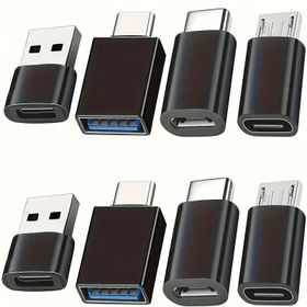 Resim 8'li Siyah USB'den USB C Adaptör, USB Type C Dişi USB Adaptör, Micro USB'den USB C Dişi Erkek Dönüştürücü Konnektör, Laptop Araba Akıllı Telefon Kulaklık Mikrofon PC için, USB'den USB C Adaptör 