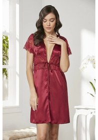Resim Pierre Cardin Saten Dantelli Midi Sabahlık 1020 Bordo 001 