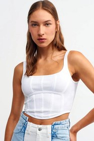 Resim MissKybele Ayarlanabilir Kalın Askılı Ön Ve Arkası Kare Yakalı Sırtı Fermuarlı Likralı Kısa Crop Korse Bluz 