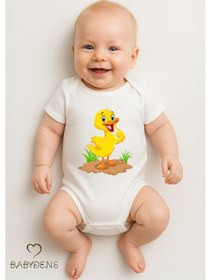 Resim Babyden's %100 Pamuklu Sevimli Hayvan Figürlü Bebek Body Unisex Çıtçıtlı Kısa Kollu Zıbın Ördek Beyaz 