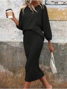 Resim Genel Markalar Kadın Uzun Kollu Yakası Açık Yarasa Kollu şardonlu Kaşkorse Bluz Ve Etek Takım 