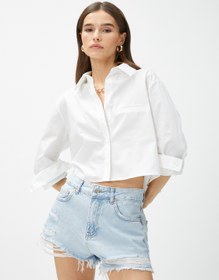 Resim Crop Poplin Gömlek Uzun Kollu Cep Detaylı 