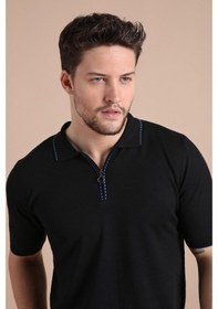 Resim Ferraro Siyah Polo Yaka Fermuarlı Erkek Pamuk Triko T-Shirt-Siyah (417942930) Siyah 