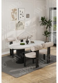 Resim Avvio Cydney Serisi Bohem Ayak 4'lü Metal Pofi Demonte Sandalye 80x140 Masa Sandalye Takımı Beyaz Masa Sandalye Siyah Kumaş Krem 
