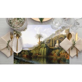 Resim Adawall Yeşil Orman Manzaralı Kumaş Amerikan Servis 4'lü Set Çok Renkli 