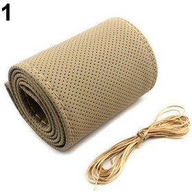Resim Bej İğneler Ve İplik İle Faydalı Dıy Suni Deri Yumuşak Araba Direksiyon Kapağı, Seçenekler: 38cm 