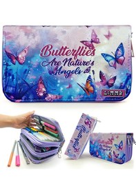 Resim Kalem Kutusu Kelebek Kawai Organizer Kalemkutu Vegan Deri Üç Bölmeli Kalemlik -mor Mor 