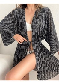 Resim Pink Life Siyah Tül Üzeri Golf Baskılı Likralı Kimono Tarzı Pareo-siyah Siyah 