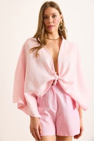 Resim Olalook Kadın Pembe Yarasa Model Crop Müslin Kimono KMN-00000071 