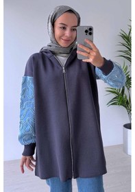 Resim Ka Hijab Kolları Kot Detaylı Triko Hırka - Füme Füme 
