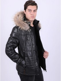 Resim New Zaya Leather Erkek Kapüşonlu Şişme Deri Mont Siyah 