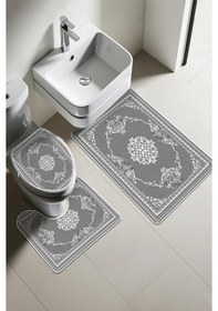 Resim Modern Desenli Dijital Baskı 3 Lü Banyo Paspas Takımı Yıkanabilir Kaymaz Tabanlı Klozet Takımı Klz0057 Renkli 
