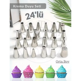 Resim 24 Parça Krema Duyu Seti Orta Boy Şanti Duyu Çelik Pasta Süsleme Duyu-Dolgusu 
