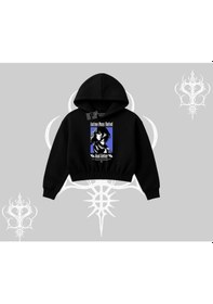 Resim Kapşonlu Crop Sweatshirt Oversize Anime Kız Baskılı Siyah 