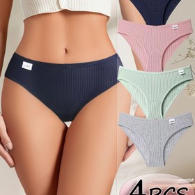 Resim 4 adet Kadınların Esnek Ribbed İç Çamaşırı ile Harf Yama - Nefes Alabilen Orta Yükselişli Külotlar, Yumuşak Rahat Günlük Giyim, Düz Renk Basit Tasarım, Rahat İç Çamaşırı, Esnek Kumaş 
