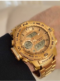 Resim Quamer Erkek Kol Saati Analog Ve Digital Metal Sarı Kordonlu 2177 Sarı 