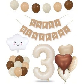 Resim 3 Yaş Retro Doğum Günü Seti Krem Rakam Folyo, Banner, Kalp Folyo 