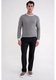 Resim Slim Fit Renkli Ribanalı Ekru Gri Yünlü Bisiklet Yaka Triko Kazak Tr 890 Ekru-gri 