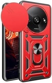 Resim Xiaomi Redmi A3 4G Kılıf Pars Lens Yüzüklü Silikon Magnetik Standlı Kamera Korumalı Kapak Kırmızı 