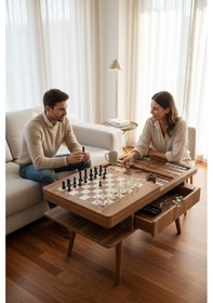 Resim Azra Mobilya Çok Amaçlı Çekmeceli Orta Sehpa Satranç Tavla Dama Oyunlu Ahşap Masa - Ceviz Kahverengi 