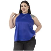 Resim Büyük Beden Halter Yaka Saten Dokulu Astarlı Bluz Parlement Mavi 