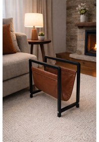 Resim Linia Modern Metal Dergilik - Deri Detaylı Dekoratif Gazetelik Ve Kitaplık 