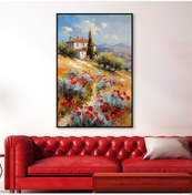 Resim Yağlı Boya Dokulu Tablo Kırmızı Gelincikler Ve Köy Evi Manzarası Siyah Çerçeveli U06032-178997 