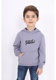 Resim Toontoy Kids Toontoy Erkek Çocuk Relax Fit Kapüşonlu Cepli Nakış Baskılı Sweatshirt - 2 İplik Koyu Gri 