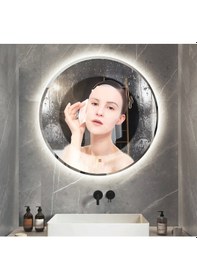 Resim 90 Cm Çap Buğu Çözücülü Dokunmatik Işıklı Ledli Yuvarlak Banyo Aynası 