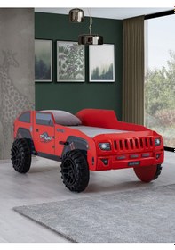 Resim Arabalı Yatak, Jeep Arabalı Yatak - Kırmızı + 1 Adet Comfort Yatak 
