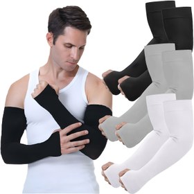 Resim 3 Çift Spor Sıkı Kompresyon Kol Kılıfı, Parmak Delikleri ile, Unisex Elastik Boyut, Dış Mekan Bisikleti/Koşu/Tırmanma/Şoförlük Aktiviteleri için Uygun 