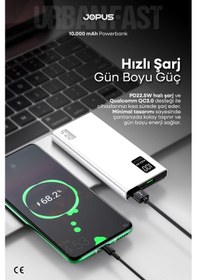 Resim Jopus 10000mah Powerbank Pd 22.5w Hızlı Şarj - Dijital Ekranlı - Taşınabilir Şarj Cihazı Beyaz 