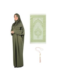 Resim Namaz Elbisesi Eşarp Seccade Tesbih Set, İslami Giyim Takım Ferace Turban Şal Haki 