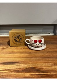 Resim Kedi Desenli Tabaklı Seramik Kupa, Mug, Double T. Kahvesi Filtre 