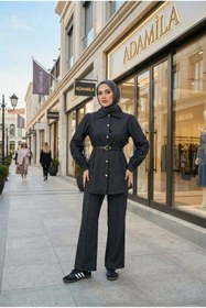 Resim adamila Kadın Kemerli Gömlek Yaka Tunik Pantolon Modern İkili Tesettür Takım Günlük Şık Kombin Yeni Sezon 
