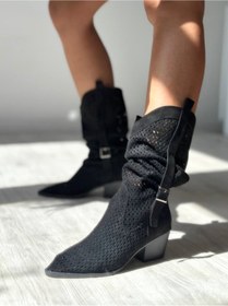 Resim SHOEBOURNE Siyah Süet Delikli Western Tarzı Yazlık Çizme 