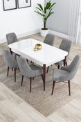 Resim Canisa Kar Serisi 80x132 Açılabilir Mdf Ceviz Ayaklı Beyaz Mutfak Masası Takımı 6 Gri Sandalye 